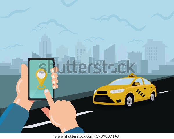 Hand hold phone booking taxi service graphic\
design vector\
illustration