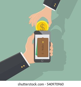 hand hold phone with coin save money online,Payment, refill your mobile smart phone,vector illustration,business concept.smartphone
