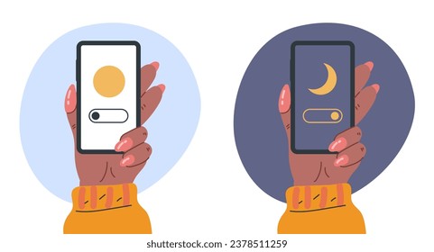 Hand hold phone with day and night mode app screen isolated set. Vector flat graphic design illustration