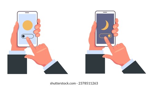 Hand hold phone with day and night mode app screen isolated set. Vector flat graphic design illustration