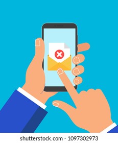 Hand hold phone with envelope document paper sheet  page check mark cross no text icon sign and index finger pointer touch the screen flat style vector illustration isolated on blue background.