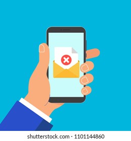 Hand hold phone with envelope document paper sheet  page check mark cross no text icon sign vector illustration. Symbol of email delivery, verification flat design concept isolated on blue background.