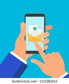 Hand hold phone with envelope document paper sheet  page check mark tick and text icon sign vector illustration. Index pointer finger touch the screen flat design concept isolated on blue background.