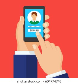 Hand hold phone, finger touch sign in button. Sign in page on smartphone screen with male avatar. Mobile account concept for web banners, sites, infographics. Modern flat design vector illustration.