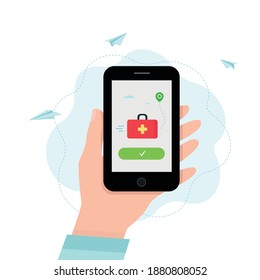 hand hold phone with first aid kit delivery screen