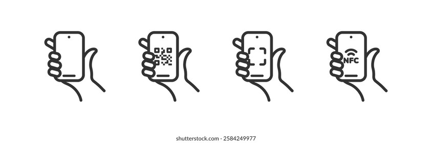 Hand hold phone icon. Smartphone finger touch. Mobile device scanning QR code, NFC.