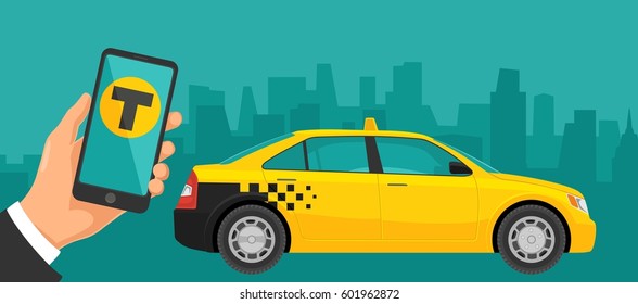 Hand hold phone with interface on a screen booking taxi service. Flat vector illustration. For business, info graphic, banner, presentations, mobile app. Background the panorama city.