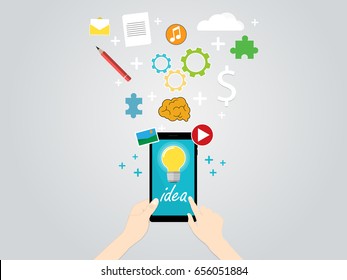 hand hold phone lightbulb idea vector