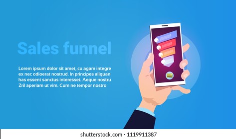 hand hold phone mobile application sales funnel with steps stages business infographic. purchase diagram concept over blue background copy space flat design vector illustration