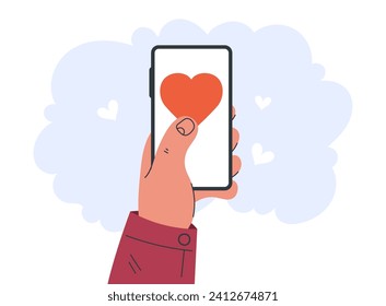 Hand hold phone and share like button concept. Vector graphic design illustration