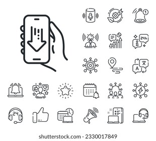 Hand hold phone sign. Place location, technology and smart speaker outline icons. Download app line icon. Cellphone with screen notification symbol. Download app line sign. Vector