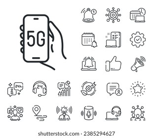 Hand hold phone sign. Place location, technology and smart speaker outline icons. 5g internet app line icon. Cellphone with screen notification symbol. 5g internet line sign. Vector