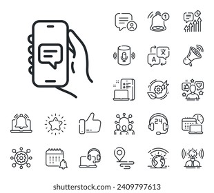 Hand hold phone sign. Place location, technology and smart speaker outline icons. Chat app line icon. Cellphone with screen notification symbol. Chat app line sign. Vector