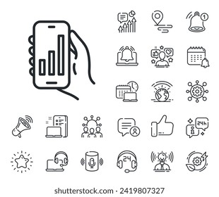 Hand hold phone sign. Place location, technology and smart speaker outline icons. Analysis app line icon. Cellphone with screen notification symbol. Analysis app line sign. Vector