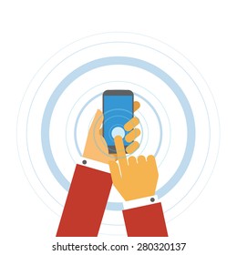 Hand hold phone touching cellphone screen concept