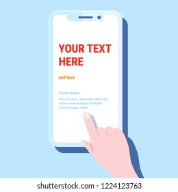 Hand hold phone. Vector smartphone cellphone, finger touch screen, stylized template design mobile app, modern blue trendy flat style