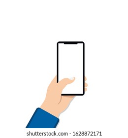 Hand hold phone vertical male man first person view flat design. Smartphone isolated on white background. icon Vector EPS 10 - Powered by Shutterstock - Get 15% off with code: PIKWIZARD15