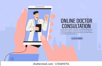 Hand hold phone with video call to family doctor through the application on the smartphone. Online medical advice or consultation service banner, flyer, web page concept. Trendy vector illustration.