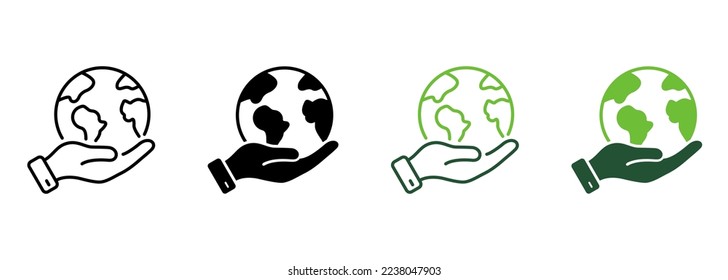 Hand Hold Planet Earth Line and Silhouette Icon Set. Human Protect Environmental Bio Pictogram. Global Peace, Support, Help, Save Symbol Collection on White Background. Isolated Vector Illustration.
