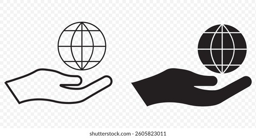 Hand Hold Planet Earth Line and Silhouette Icon Set. Human Protect Environmental Bio Pictogram. Global Peace, Support, Help, Save Symbol Collection on White Background. Isolated Vector Illustration 
