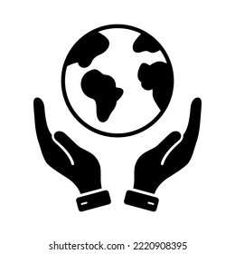 Hand Hold Planet Earth Silhouette Icon. World Environment Conservation Glyph Pictogram. Human Protect Environmental Bio Nature Icon. Global Peace, Support, Help, Save. Isolated Vector Illustration.