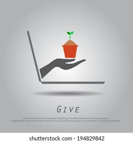 hand hold  plant  from laptop vector icon 