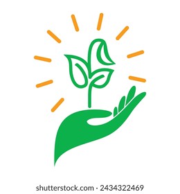 Hand hold plant sprout. Vector icon on transparent background