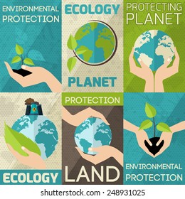 Hand hold plants and globe environmental protection mini poster set isolated vector illustration
