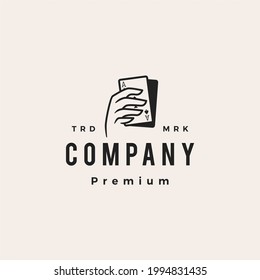 hand hold playing card poker hipster vintage logo vector icon illustration