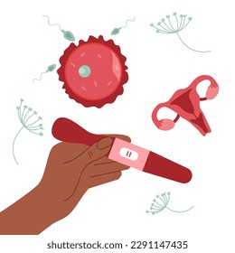The hand hold pregnancy  positive test.  Illustration has got womb, uterus, egg cell, sperm cell and good for poster medical clinic.