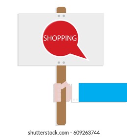 Hand hold promotion banner shopping. Market announcement. Vector illustration