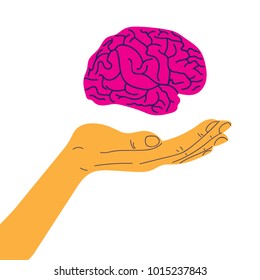Hand Hold And Protect A Human Brain Or Mind - Mental Health Services Symbol Concept Design. Vector Illustration In Flat Style Isolated On White Background. 