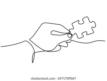 Dibujo de línea continua del rompecabezas de la mano. Solución de negocios y concepto de resolución de problemas. Ilustración vectorial diseño minimalista dibujado a mano.
