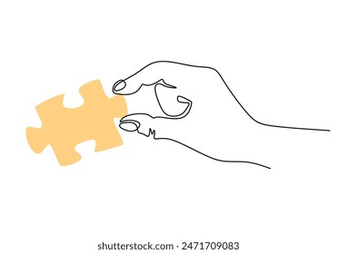 Hand halten Puzzle kontinuierliche Linie Zeichnung. Geschäftslösung und Problemlösungskonzept. Vektorillustration minimalistisches Design von Hand gezeichnet.