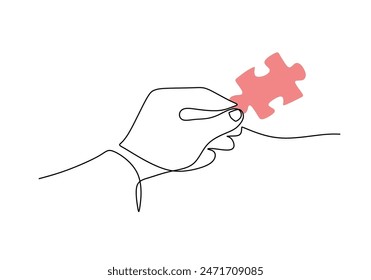Hand hold puzzle continuous line drawing. Business solution and problem solving concept. Vector illustration minimalist design hand drawn.