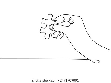 Hand hold puzzle continuous line drawing. Business solution and problem solving concept. Vector illustration minimalist design hand drawn.