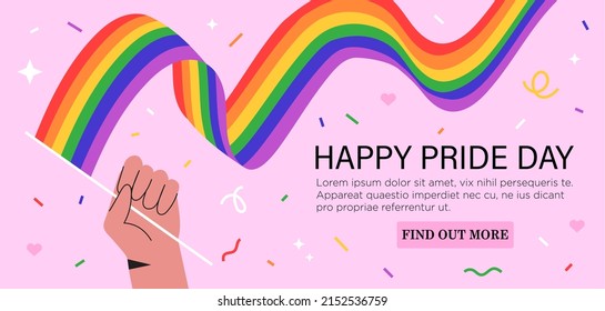 Hand hold rainbow lgbt flag and celebrate pride month, week or day vector flat illustration. LGBTQ support social media banner or post template, greeting card or party invitation on pink background. 