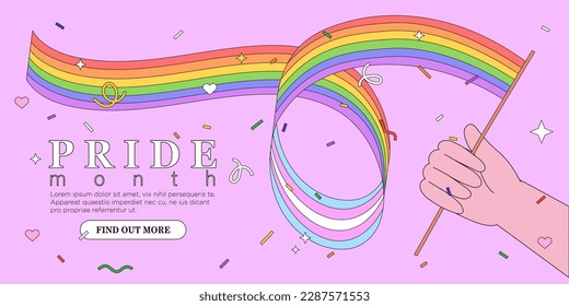 Hand hold rainbow lgbt flag and celebrate pride month, week or day vector flat illustration. LGBTQ support social media banner or post template, greeting card or party invitation on purple background 