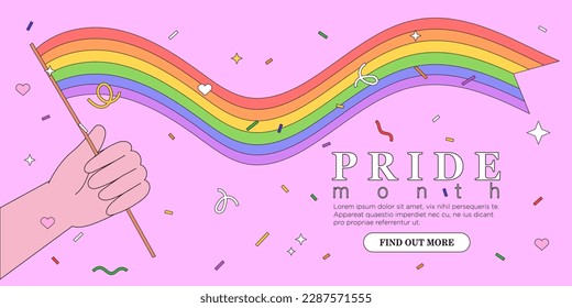 Hand hold rainbow lgbt flag and celebrate pride month, week or day vector flat illustration. LGBTQ support social media banner or post template, greeting card or party invitation on purple background 