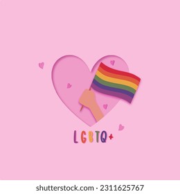 Hand hold rainbow lgbt flag and celebrate pride month, week or day vector flat illustration. LGBTQ support social media banner or post template, greeting card or party invitation on pink background.