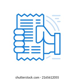 Hand hold receipt bill vector line icon. Paid restaurant and cafe bill. Tax for things of goods and equipment in store. Expenditure accounting with number purchased items and their value.