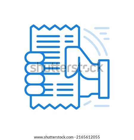 Hand hold receipt bill vector line icon. Paid restaurant and cafe bill. Tax for things of goods and equipment in store. Expenditure accounting with number purchased items and their value.
