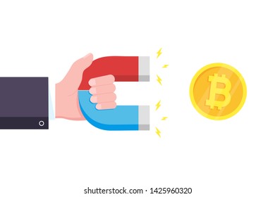 Hand hold red and blue horseshoe magnet icon sign attract golden coin crypto currency bitcoin. Magnetism, money magnetize field  symbol concept flat style design vector illustration isolated on white/