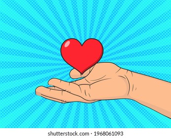 Hand hold red heart symbol. Pop Art vintage vector illustration