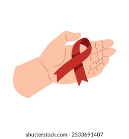 Hand Hold Red Ribbon. Concept of World AIDS Day. Flat vector illustration.