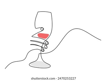 Dibujo de línea continua de vidrio de vino tinto de mano. Decoración, vacaciones, concepto romántico. Ilustración vectorial minimalista dibujado a mano.