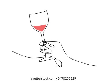 Dibujo de línea continua de vidrio de vino tinto de mano. Decoración, vacaciones, concepto romántico. Ilustración vectorial minimalista dibujado a mano.