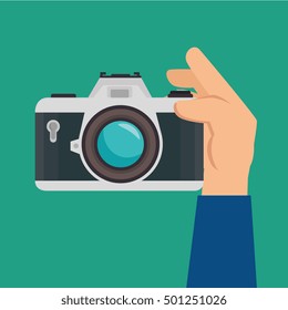 hand hold retro camera green background design graphic