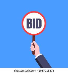 Hand hold round auction bid paddle banner plate sign business concept flat style design vector illustration. Hand holds bid voting paddle.