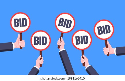 Hand hold round auction bid paddle banner plate sign business concept flat style design vector illustration set. Hand holds bid voting paddle.